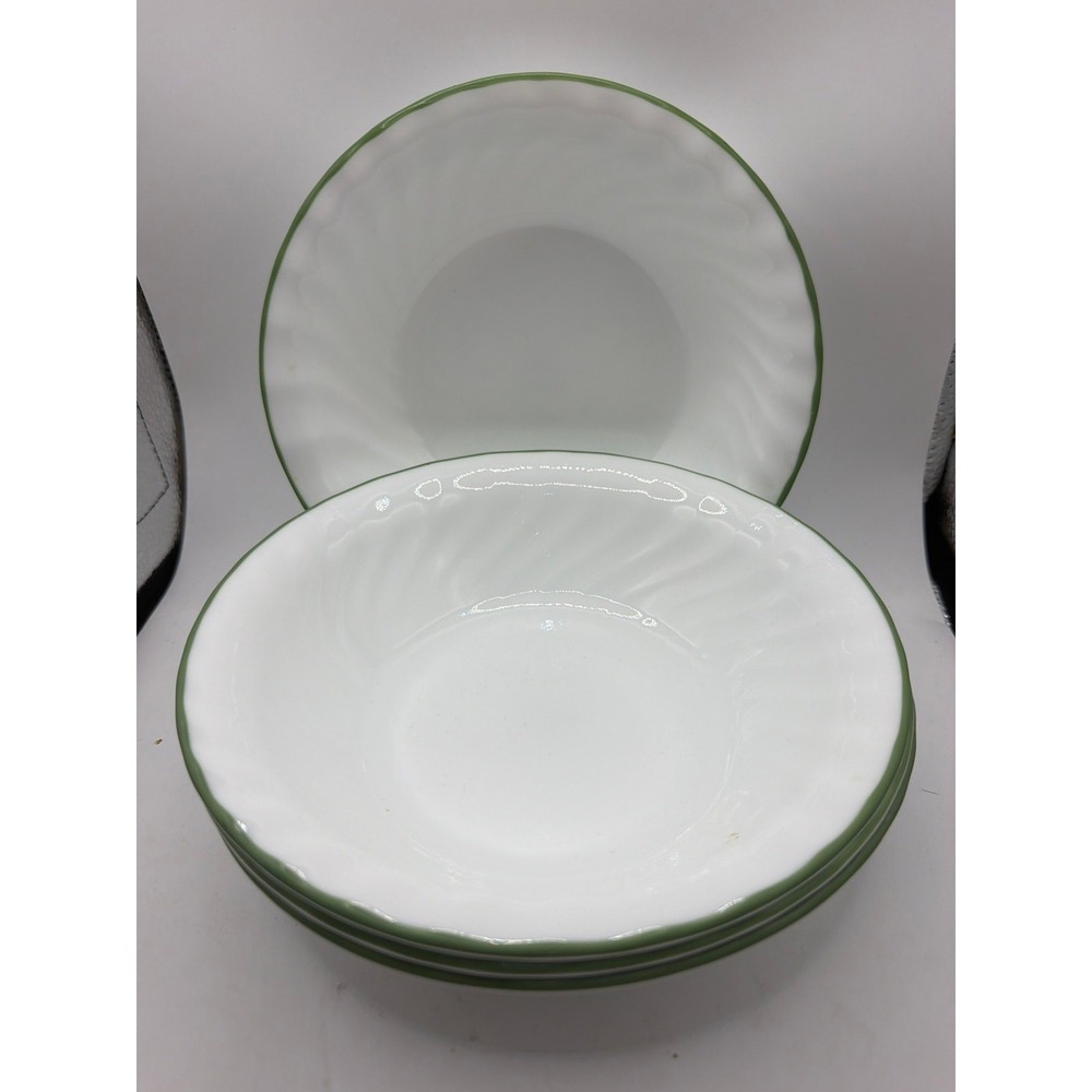 4 Corelle Corning 16oz White Swirl Green Rimmed CHUTNEY SOUP/CEREAL BOWLS 7.25"